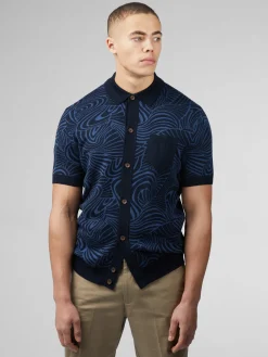 Ben Sherman Sweaters & Knits^B By Swirl Jacquard Button Through Polo - Dark Navy